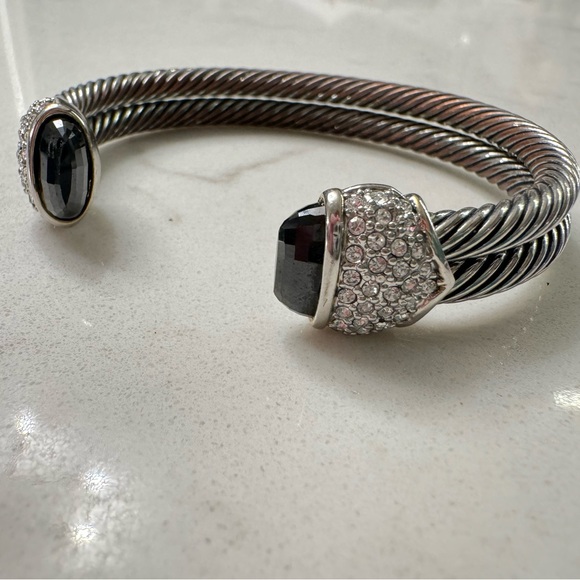 Cable Cuff Bracelet with Black Crystals and CZ, Silver Tone Adjustable Open Cuff - Picture 4 of 16